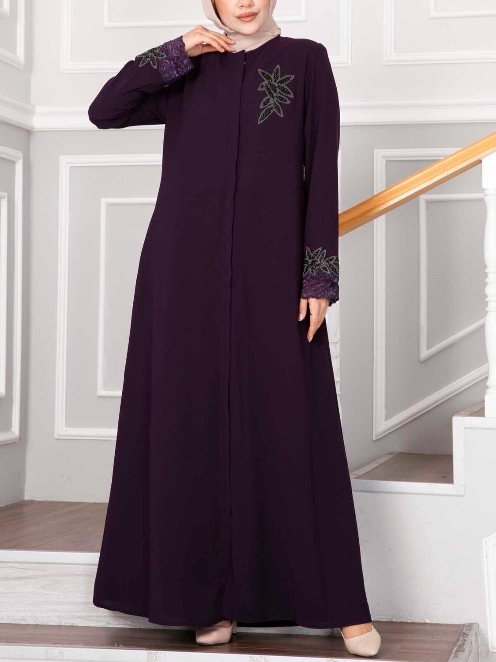 Floral Detail Lace Modest Abaya NWT Purple XL